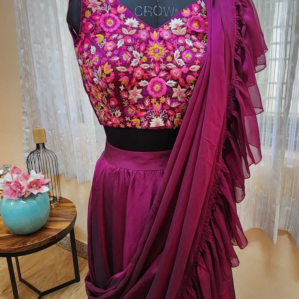 Majenta geo silk ruffled Lehanga - Picture 2 of 4